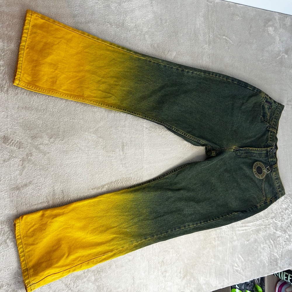 VTG Crest Jeans 17/18 Manufacturer Ombre Dyed Yellow Green Wide Leg Flare Y2K - Picture 2 of 9